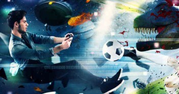 Junger spieler mit einem Controller in einem digitalen Universum