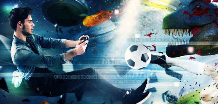 Junger spieler mit einem Controller in einem digitalen Universum