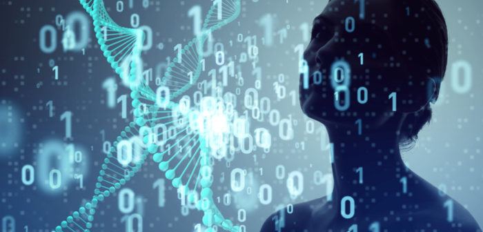 Frau steht vor einer digitalen Wand aus 0en und 1en
