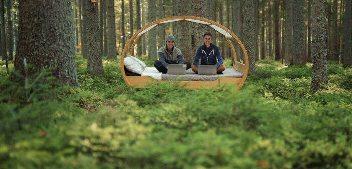 Zwei Personen sitzen im Wald und benutzen Laptops